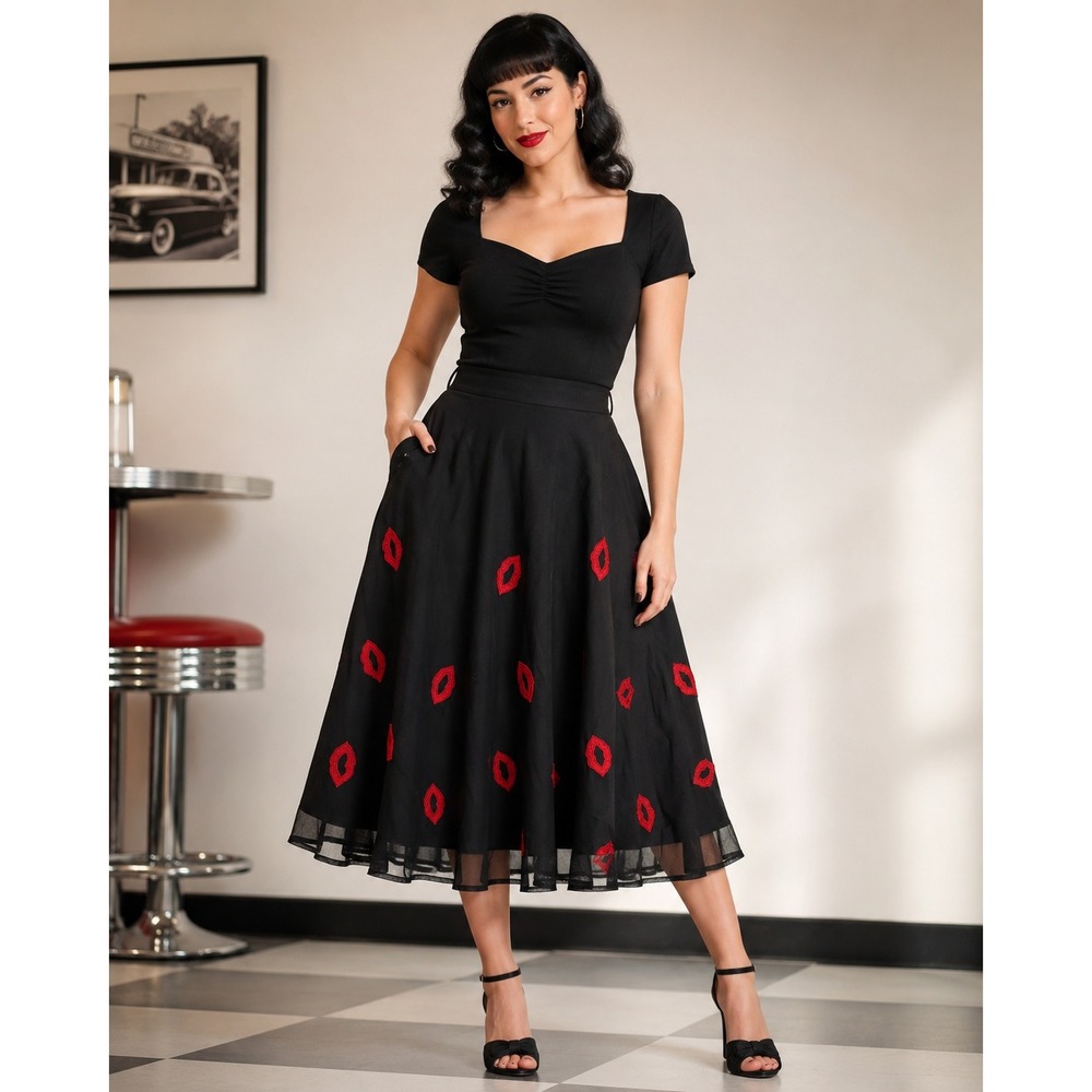 eShakti Rockabilly Red Lip Embroidery Flare Skirt Pin Up XL Novelty Swing Retro